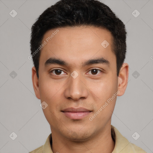 Joyful latino young-adult male with short  black hair and brown eyes