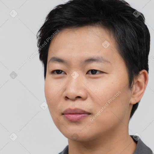 Joyful asian young-adult male with short  black hair and brown eyes