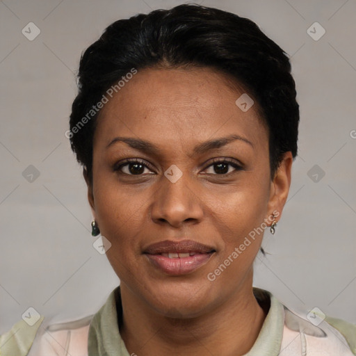 Joyful latino young-adult female with short  black hair and brown eyes