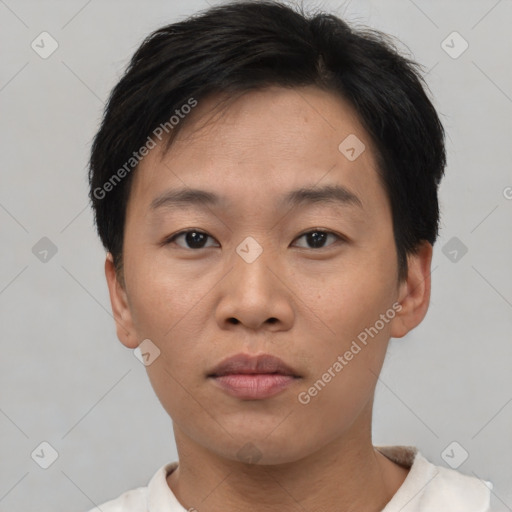 Neutral asian young-adult male with short  brown hair and brown eyes