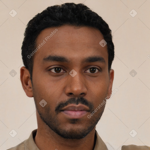 Neutral latino young-adult male with short  black hair and brown eyes