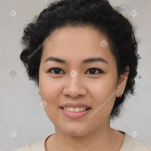 Joyful latino young-adult female with short  black hair and brown eyes