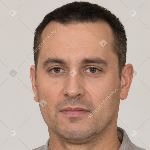 Neutral white adult male with short  brown hair and brown eyes