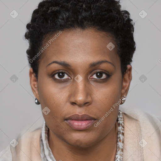 Neutral black young-adult female with short  brown hair and brown eyes