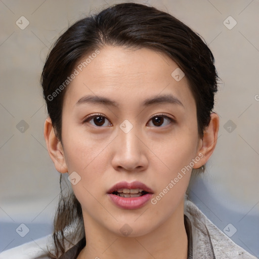 Neutral white young-adult female with medium  brown hair and brown eyes