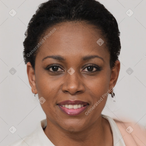Joyful black young-adult female with short  black hair and brown eyes