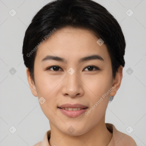 Joyful asian young-adult female with short  brown hair and brown eyes