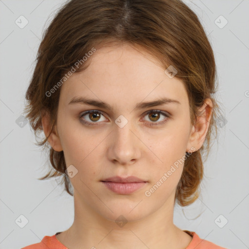 Neutral white young-adult female with medium  brown hair and brown eyes