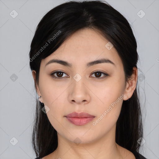 Neutral asian young-adult female with long  black hair and brown eyes