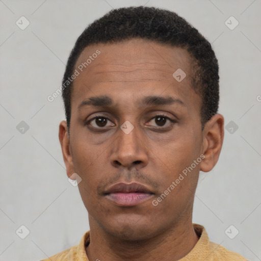 Neutral latino adult male with short  black hair and brown eyes