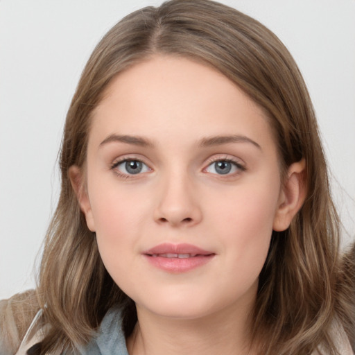 Neutral white young-adult female with medium  brown hair and grey eyes