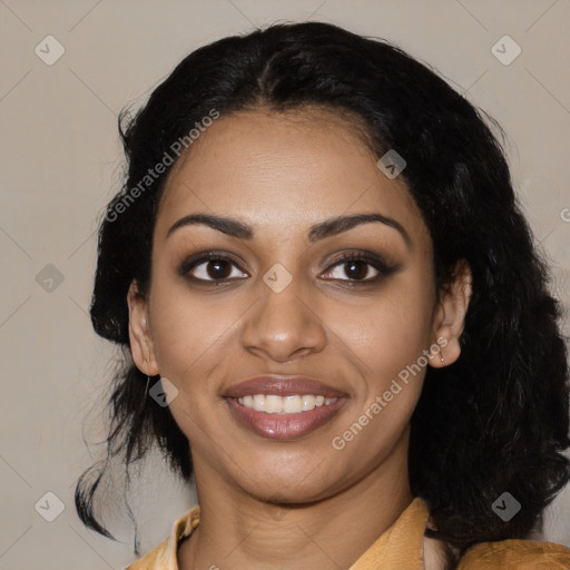 Joyful latino young-adult female with medium  black hair and brown eyes