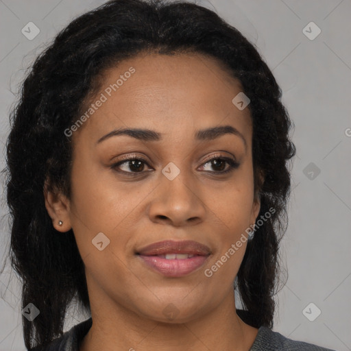 Joyful black young-adult female with medium  black hair and brown eyes