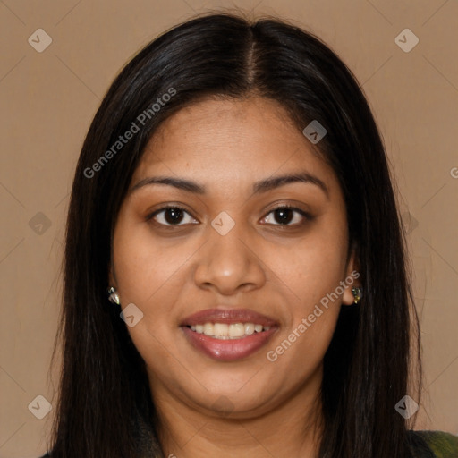 Joyful latino young-adult female with long  brown hair and brown eyes