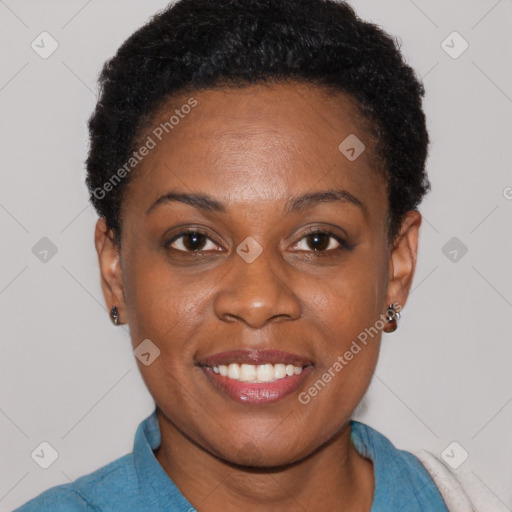 Joyful black young-adult female with short  black hair and brown eyes