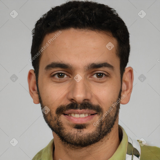 Joyful white young-adult male with short  black hair and brown eyes