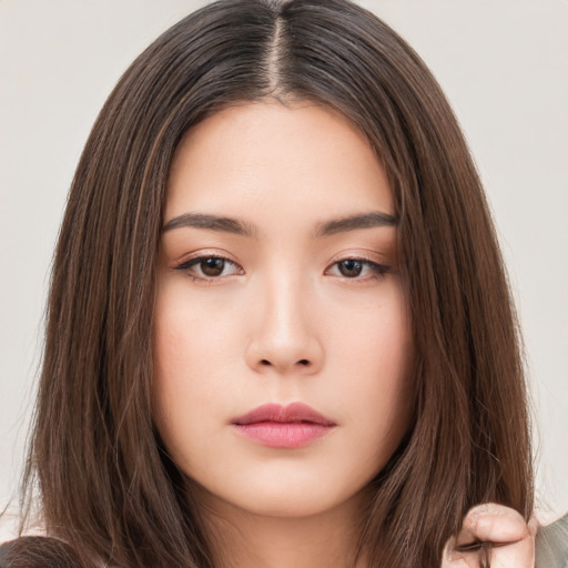 Neutral asian young-adult female with long  brown hair and brown eyes