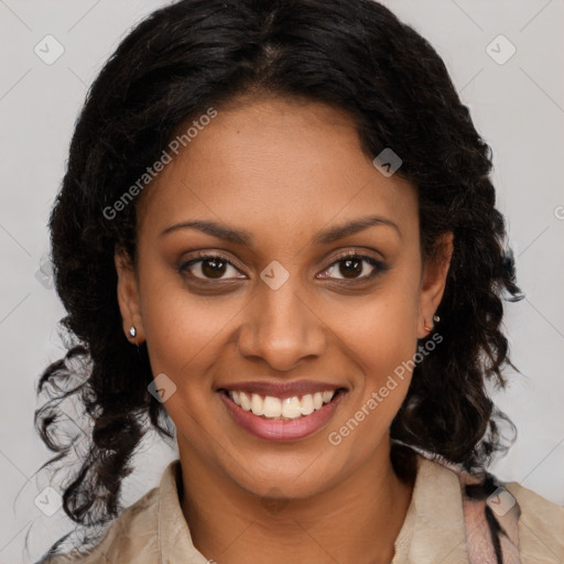 Joyful black young-adult female with long  brown hair and brown eyes