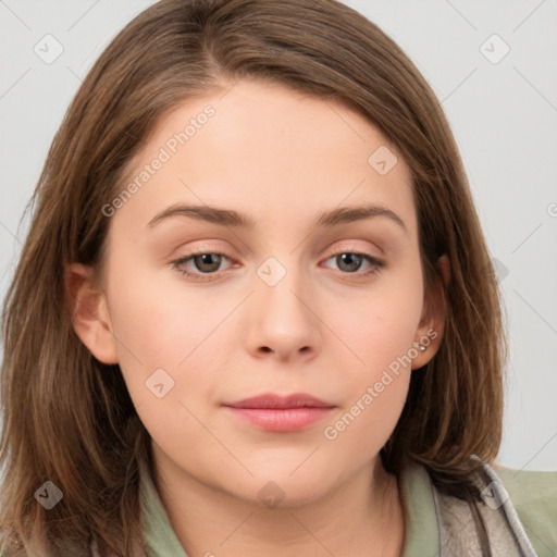 Neutral white young-adult female with medium  brown hair and brown eyes