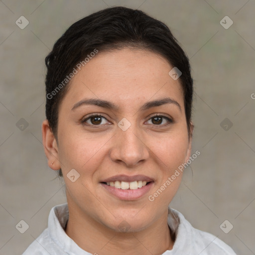 Joyful white young-adult female with short  brown hair and brown eyes