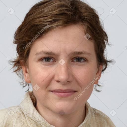 Joyful white young-adult female with medium  brown hair and blue eyes