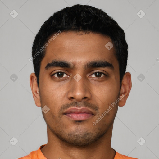 Neutral latino young-adult male with short  black hair and brown eyes