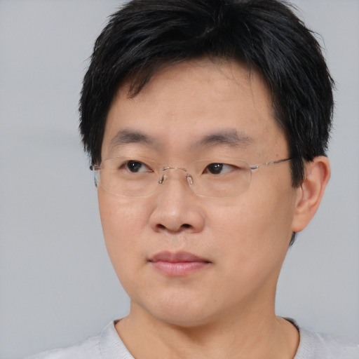 Neutral asian young-adult male with short  brown hair and brown eyes