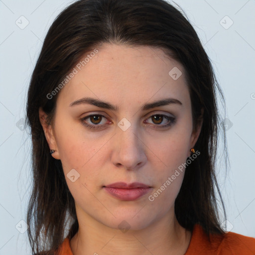 Neutral white young-adult female with long  brown hair and brown eyes