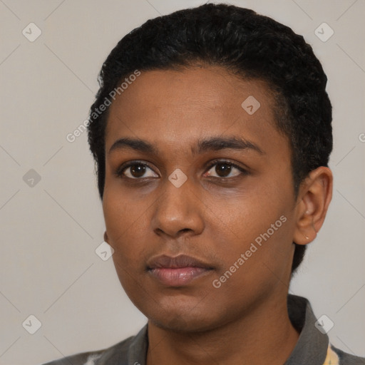 Neutral black young-adult female with short  black hair and brown eyes