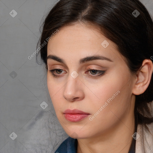 Neutral white young-adult female with long  brown hair and brown eyes