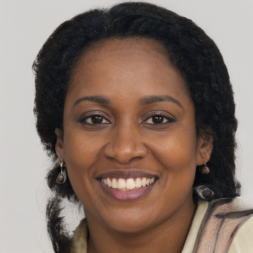 Joyful black adult female with long  brown hair and brown eyes