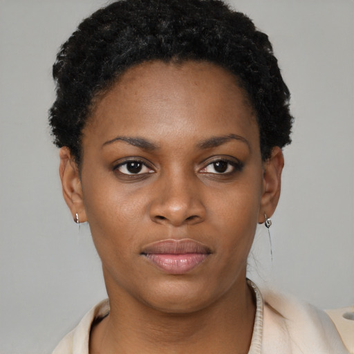 Neutral black young-adult female with short  black hair and brown eyes
