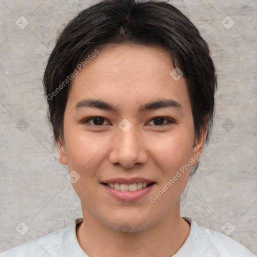 Joyful asian young-adult female with short  brown hair and brown eyes