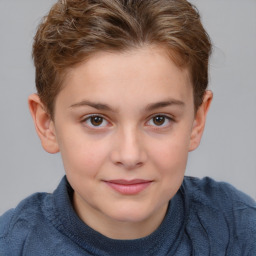 Joyful white child female with short  brown hair and brown eyes