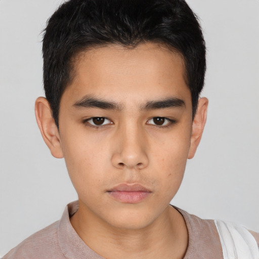 Neutral asian young-adult male with short  brown hair and brown eyes