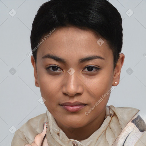 Joyful asian young-adult female with short  brown hair and brown eyes