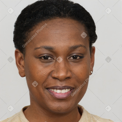 Joyful black young-adult female with short  brown hair and brown eyes