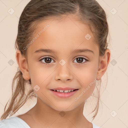 Joyful white child female with medium  brown hair and brown eyes