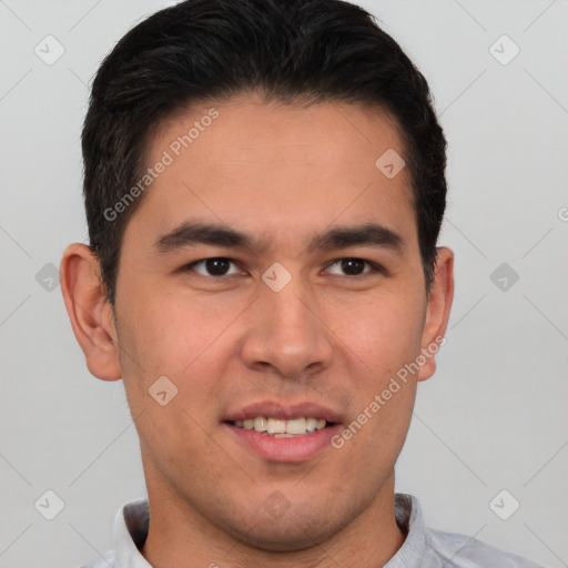 Joyful latino young-adult male with short  brown hair and brown eyes