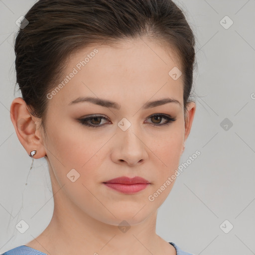 Neutral white young-adult female with short  brown hair and brown eyes