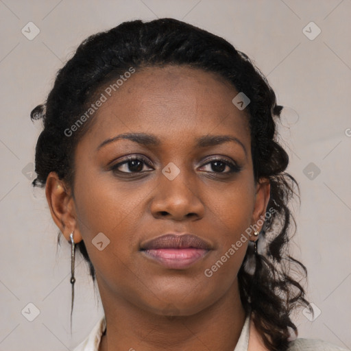 Joyful black young-adult female with medium  black hair and brown eyes