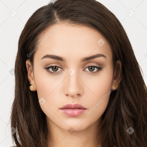 Neutral white young-adult female with long  brown hair and brown eyes