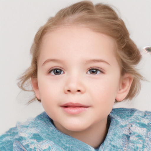 Neutral white child female with medium  brown hair and blue eyes