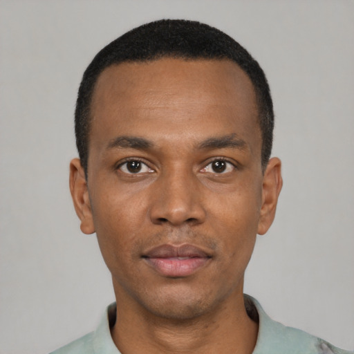 Neutral black young-adult male with short  black hair and brown eyes