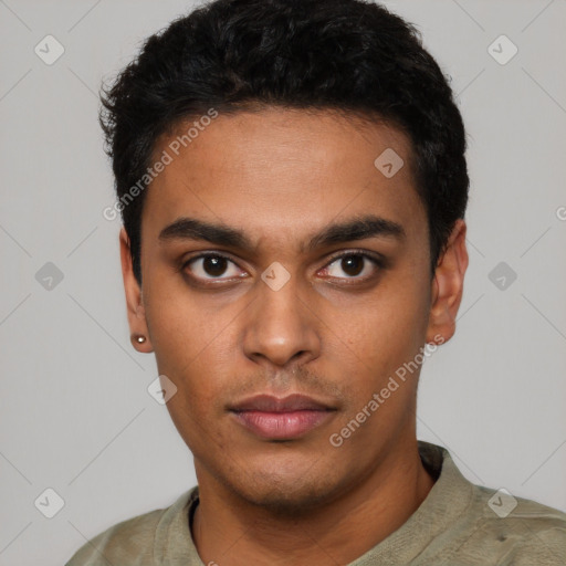 Neutral latino young-adult male with short  black hair and brown eyes