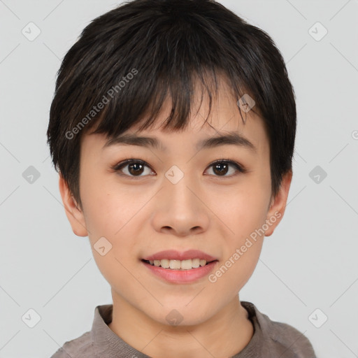 Joyful asian young-adult female with short  brown hair and brown eyes