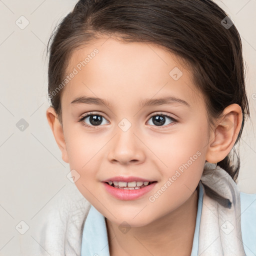 Joyful white child female with medium  brown hair and brown eyes