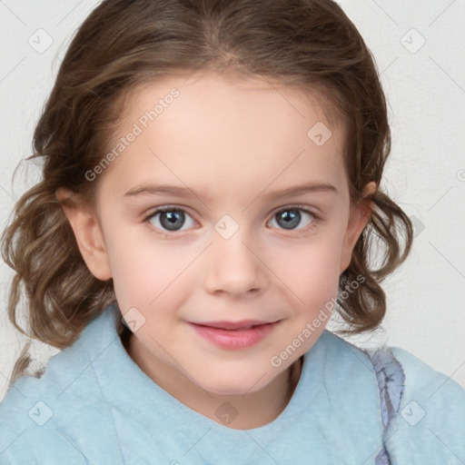 Joyful white child female with medium  brown hair and blue eyes