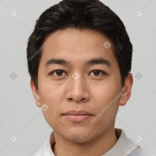 Neutral asian young-adult male with short  brown hair and brown eyes