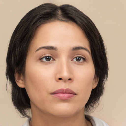 Neutral asian young-adult female with medium  brown hair and brown eyes